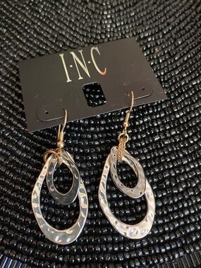 INC International Concepts Hammered Double Drop Hoop Earrings Mixed Metals NEW